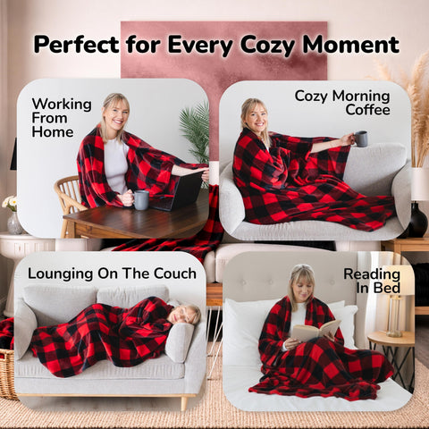 Super Blanky oversized blanket measures 70 by 60 inches for couch or bed.
