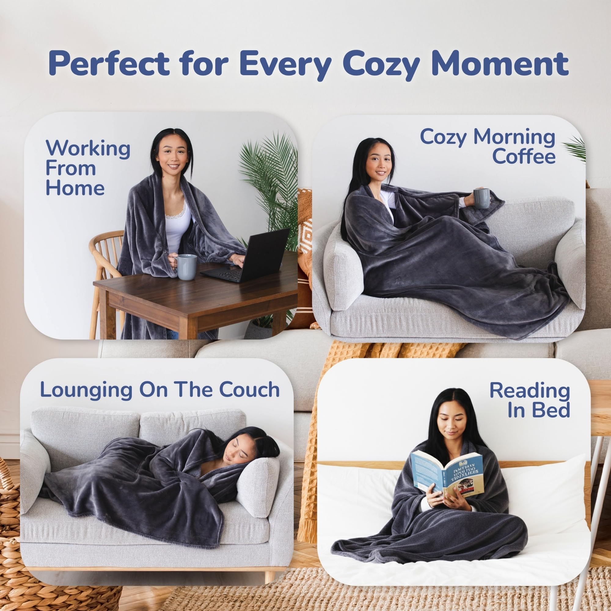 Super Blanky premium cozy quality provides soft, sweatshirt-like feel for daily lounging.