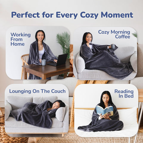 Super Blanky premium cozy quality provides soft, sweatshirt-like feel for daily lounging.