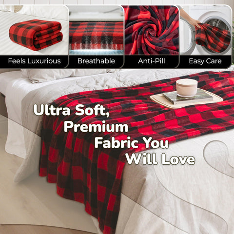 Super Blanky red checkered blanket with sleeves for office or lounging.