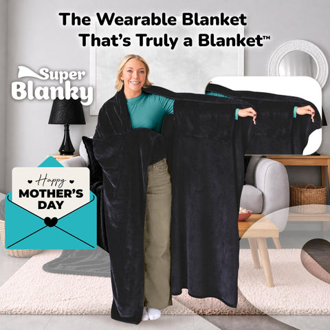Super Blanky blanket shows arm holes for easy movement during TV time.