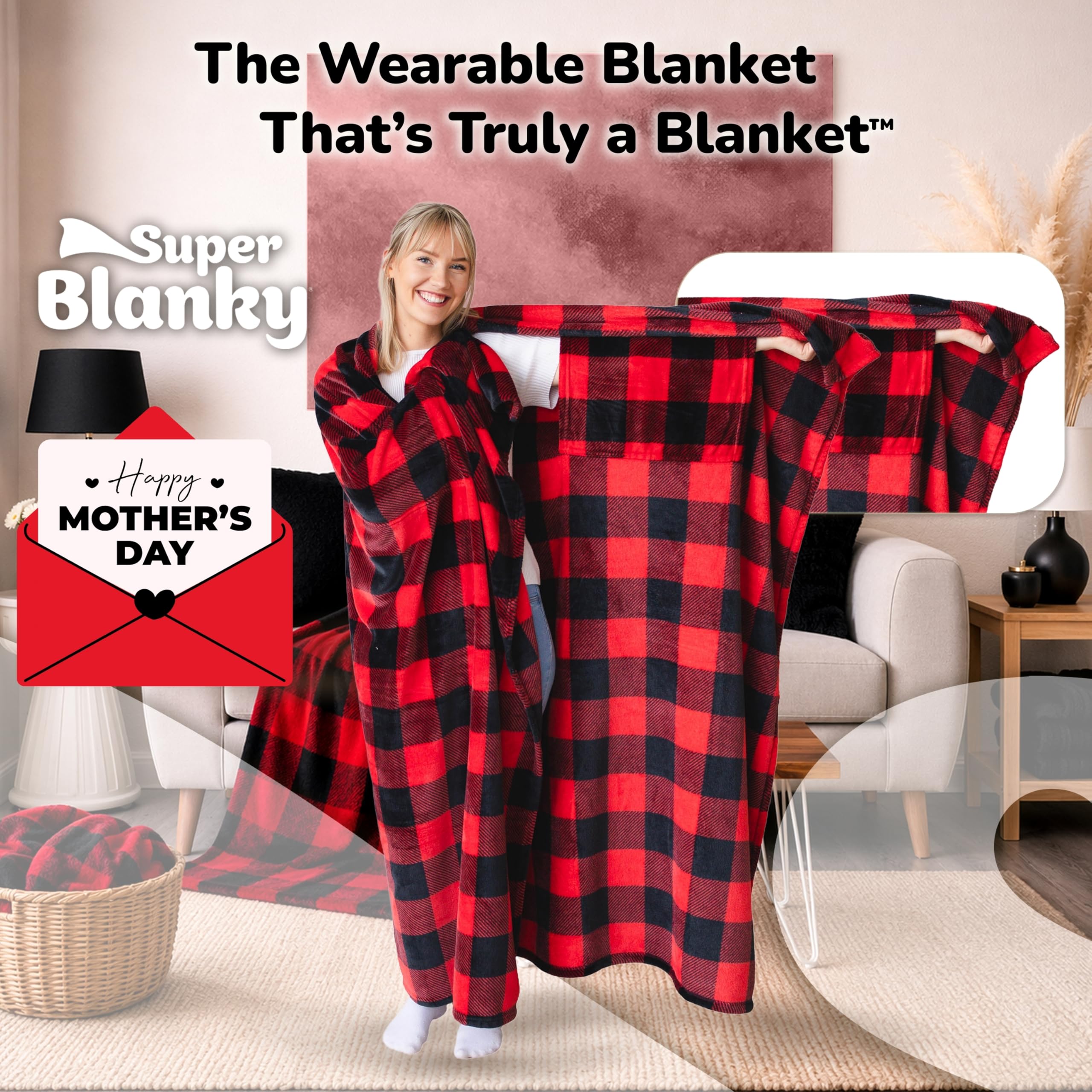 Super Blanky wearable blanket with arm holes enables easy movement and coziness.