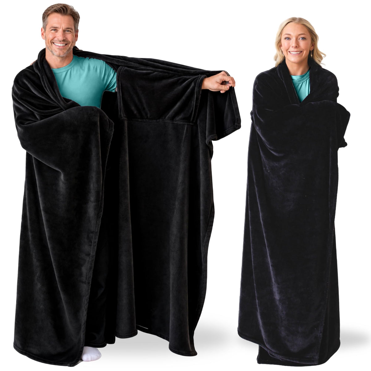 Super Blanky wearable blanket in dark black with pocket sleeves for cozy lounging at home.