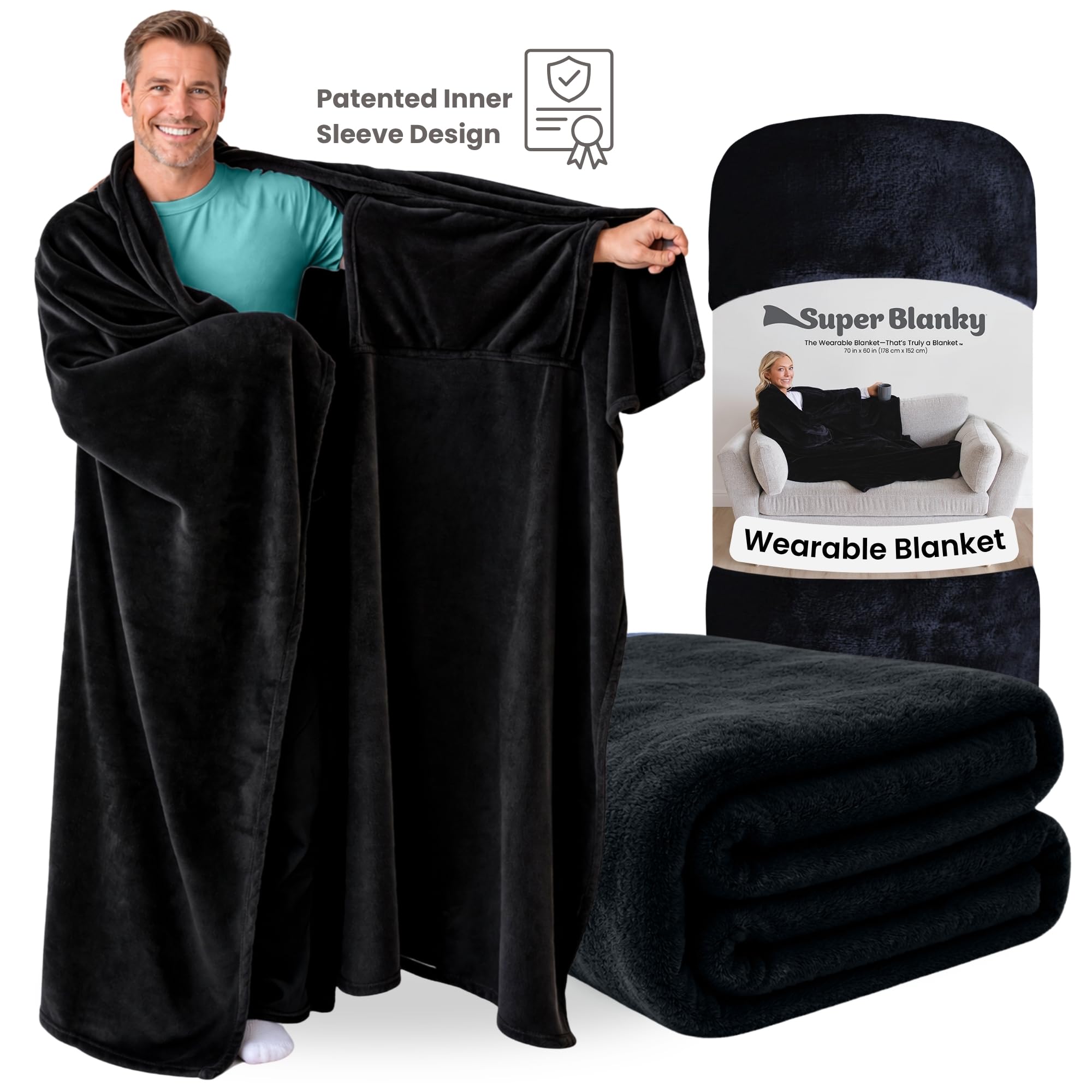 Super Blanky wearable blanket for women in dark black for everyday coziness.