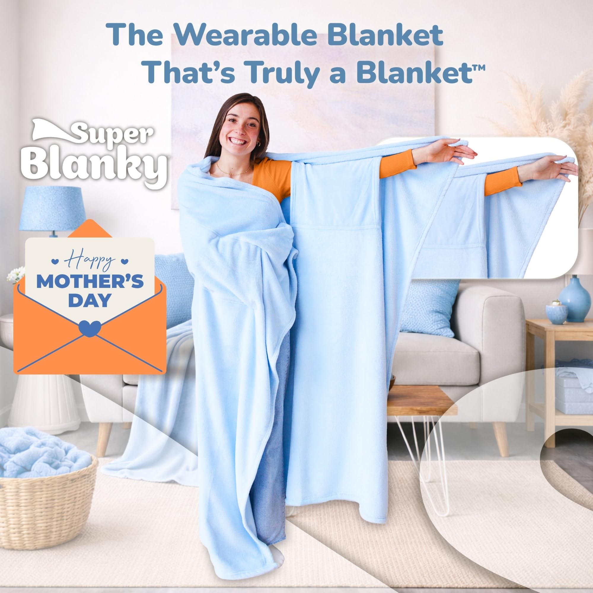 Super Blanky wearable blanket on couch ambiance for cozy evenings.