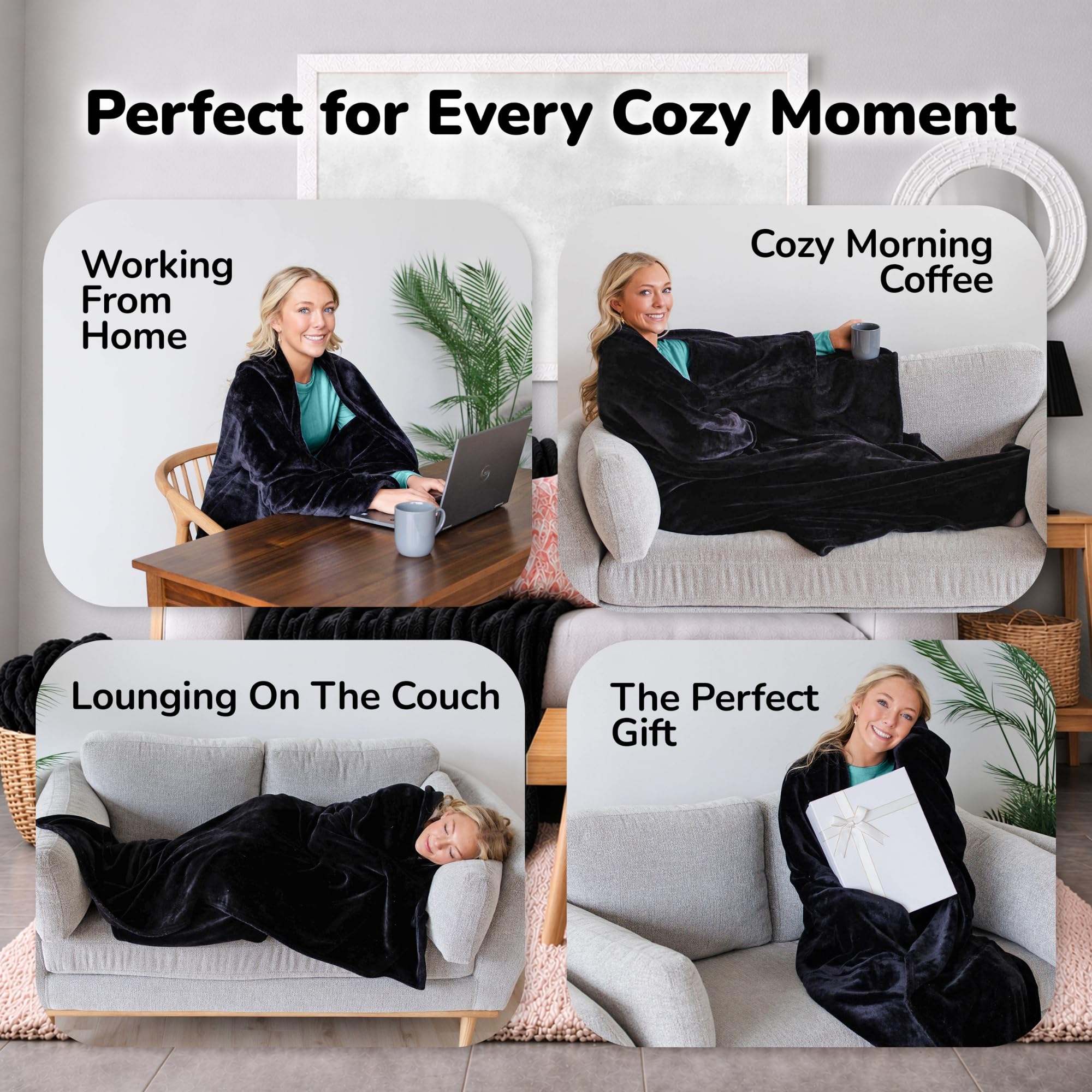 Super Blanky wearable blanket in oversized 70 by 60 inches for couch comfort.