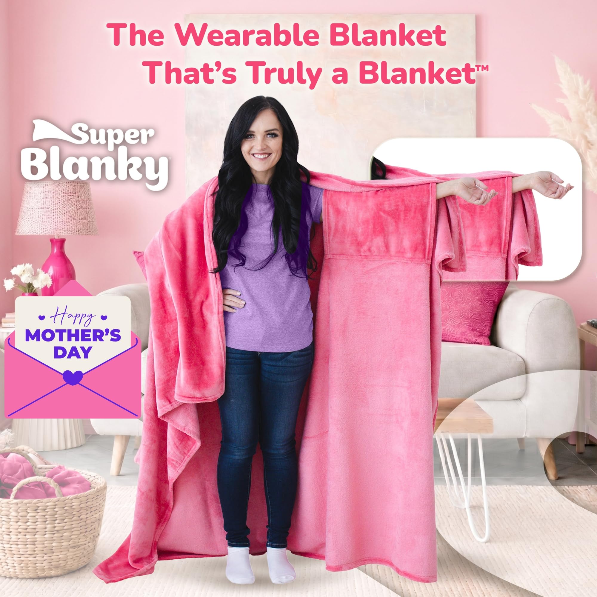 Super Blanky oversized wearable blanket measuring 70 by 60 inches on display.