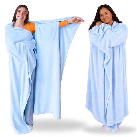 Super Blanky wearable blanket pocket-sleeves closeup showing warm hands-free comfort.