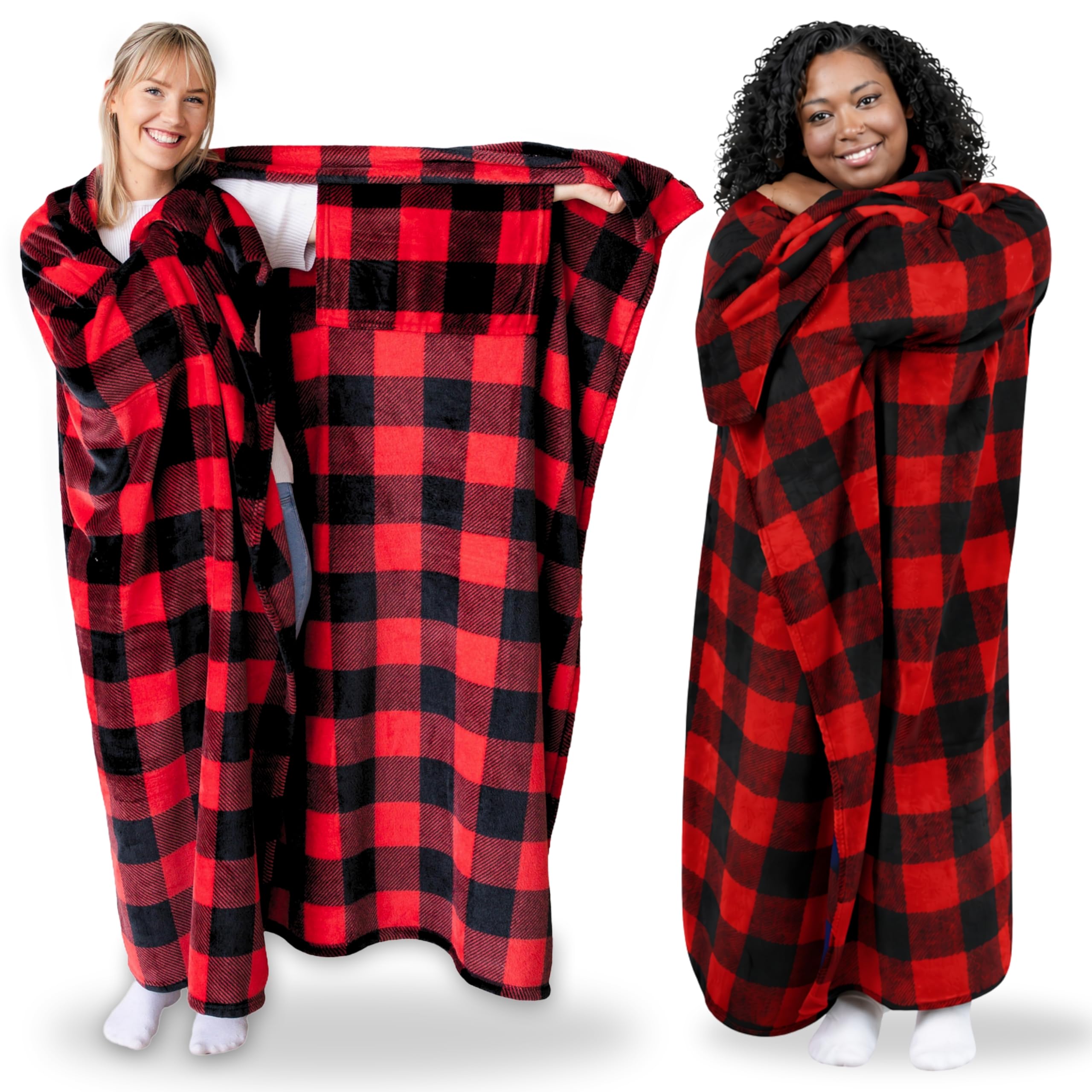 Super Blanky wearable blanket with pocket sleeves offers warmth and mobility.