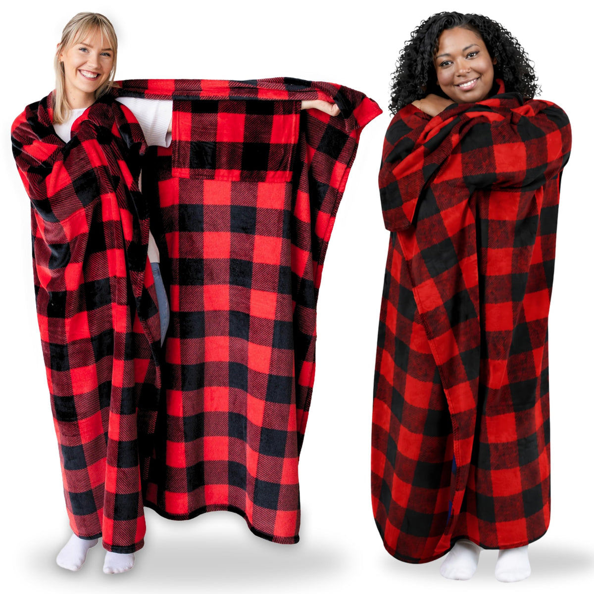 Super Blanky wearable blanket with pocket sleeves offers warmth and mobility.