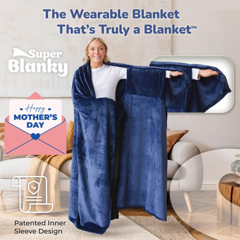 Super Blanky Aurora Blue wearable blanket with arm holes for easy movement.