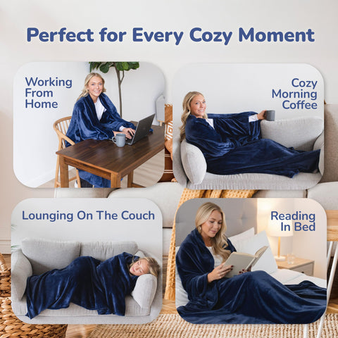 Super Blanky Aurora Blue wearable blanket as a cozy throw on the couch.