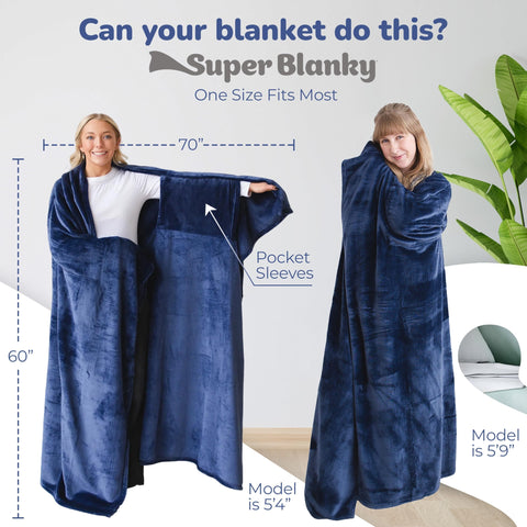 Super Blanky Aurora Blue wearable blanket ideal for travel warmth.