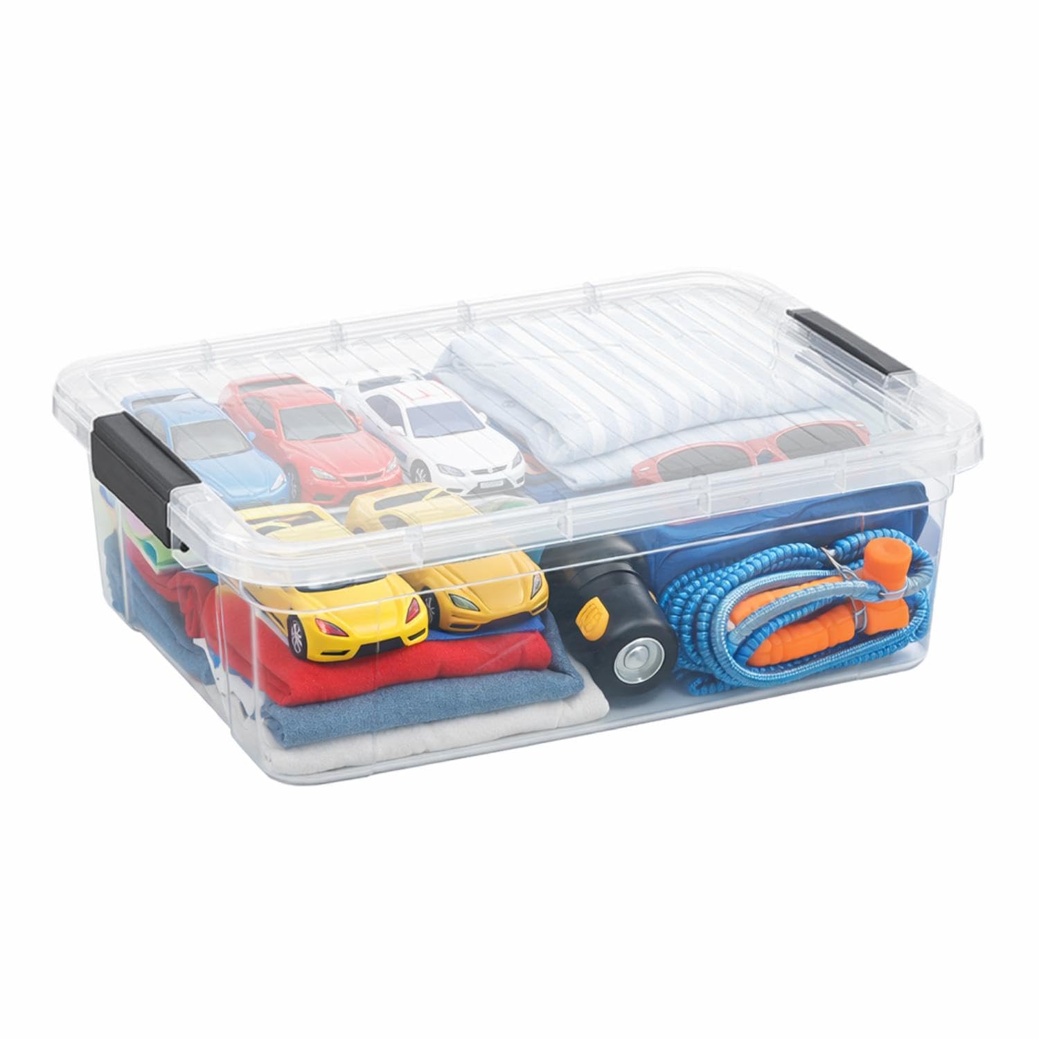 Superio clear storage box with lid keeps contents visible for quick access.