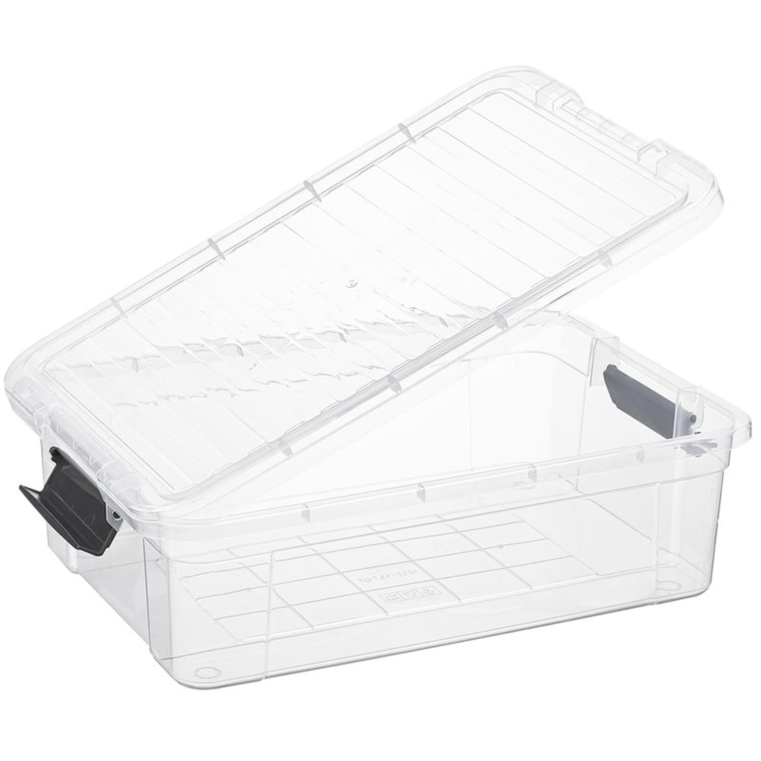 Superio stackable storage bin saves shelf space with a transparent design.