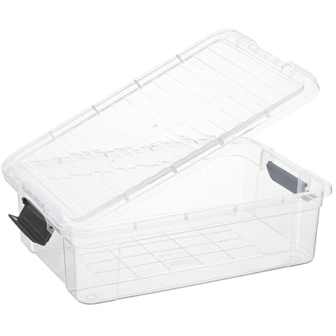 Superio stackable storage bin saves shelf space with a transparent design.