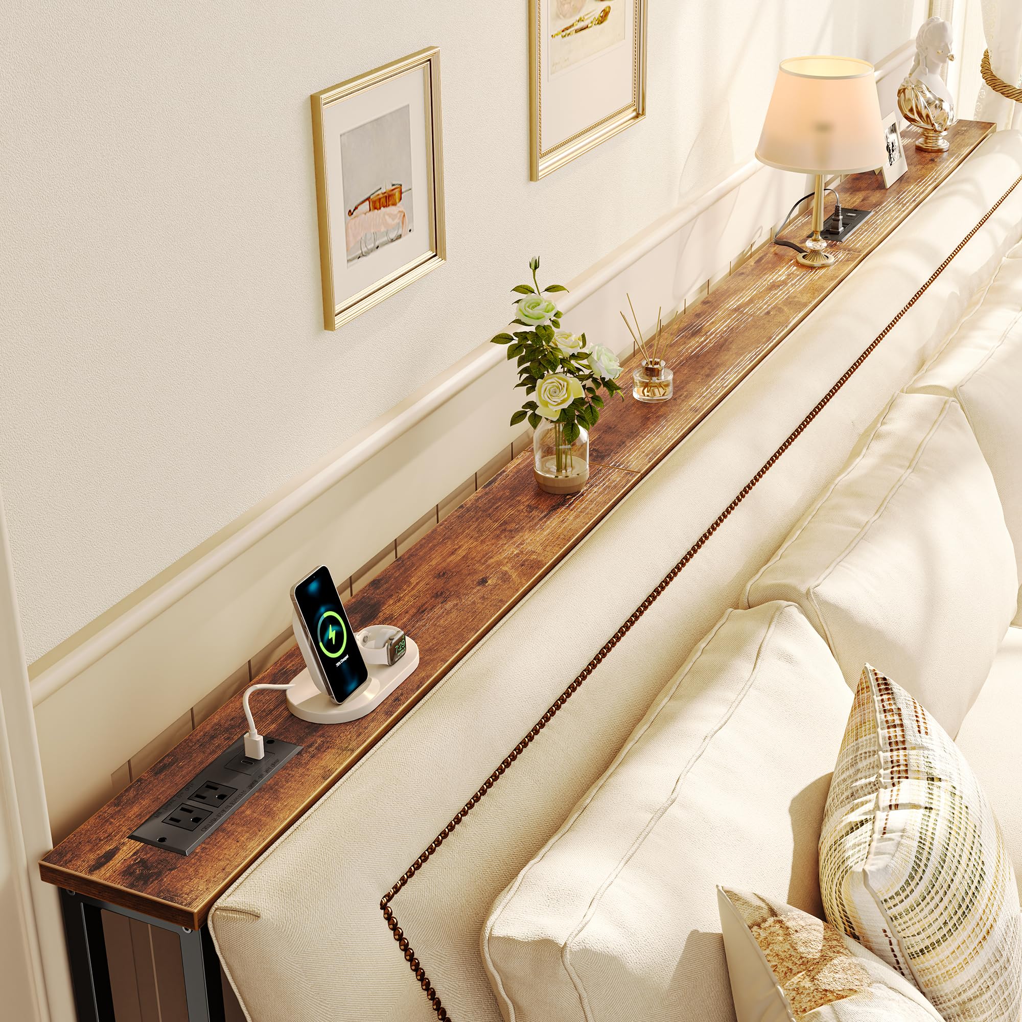 SUPERJARE 102-inch sofa table showing built-in power outlets along its length for convenient charging