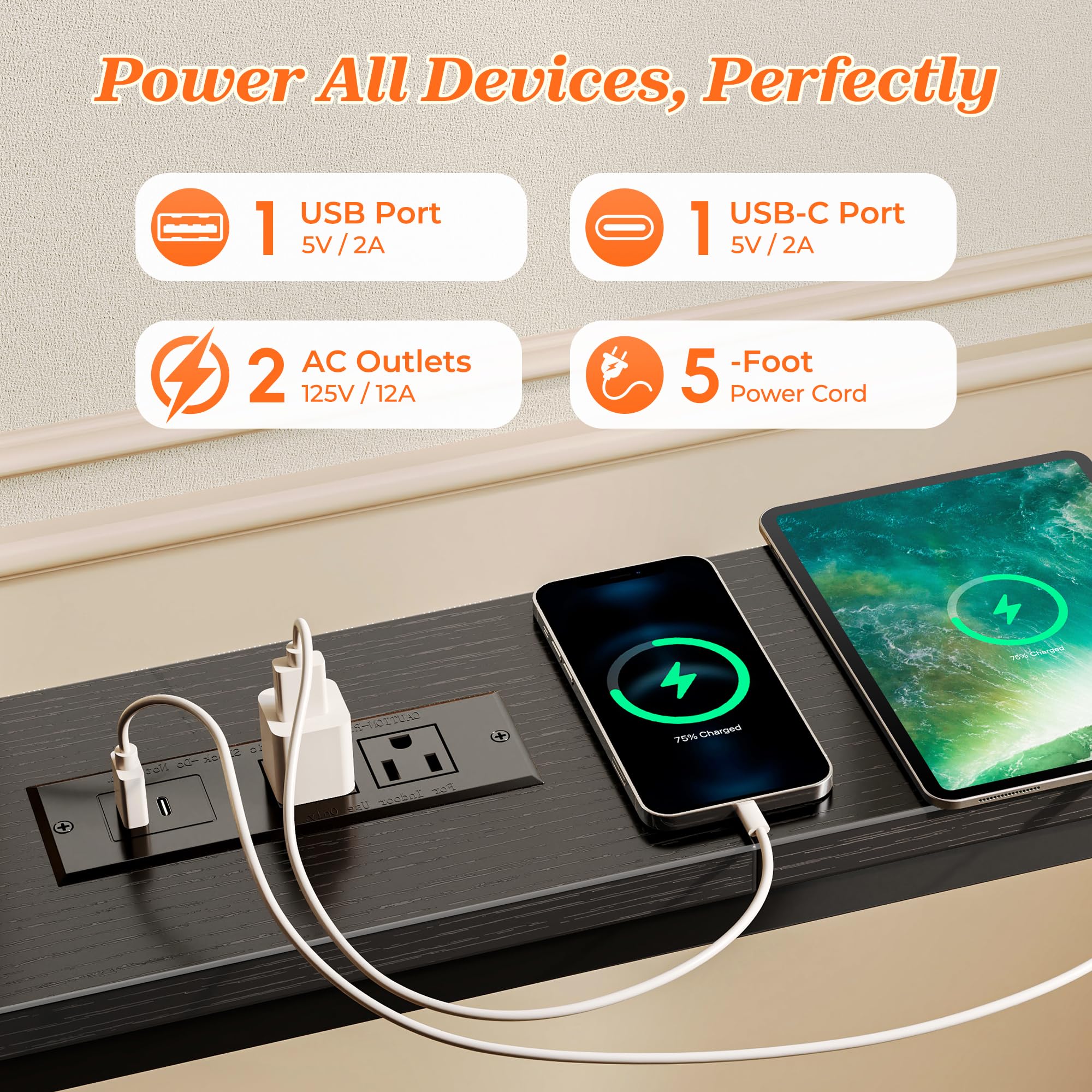 SUPERJARE 102-inch sofa table USB-C and USB ports for quick device charging