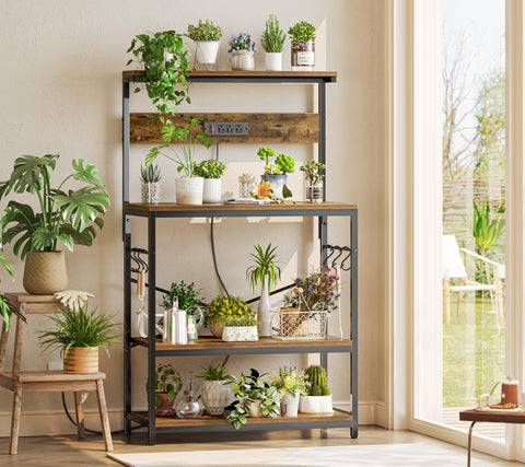 SUPERJARE Bakers Rack Gray Wood Finish blending with decor in kitchen or living space.