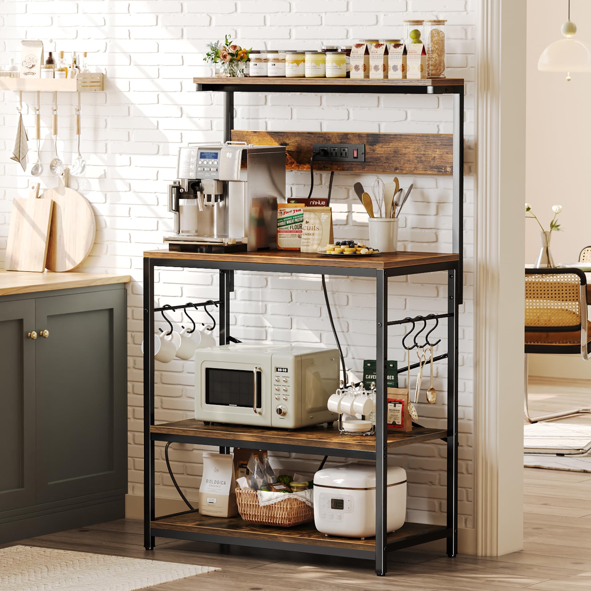 SUPERJARE Bakers Rack Microwave Stand highlighting integrated microwave placement and extra workspace.