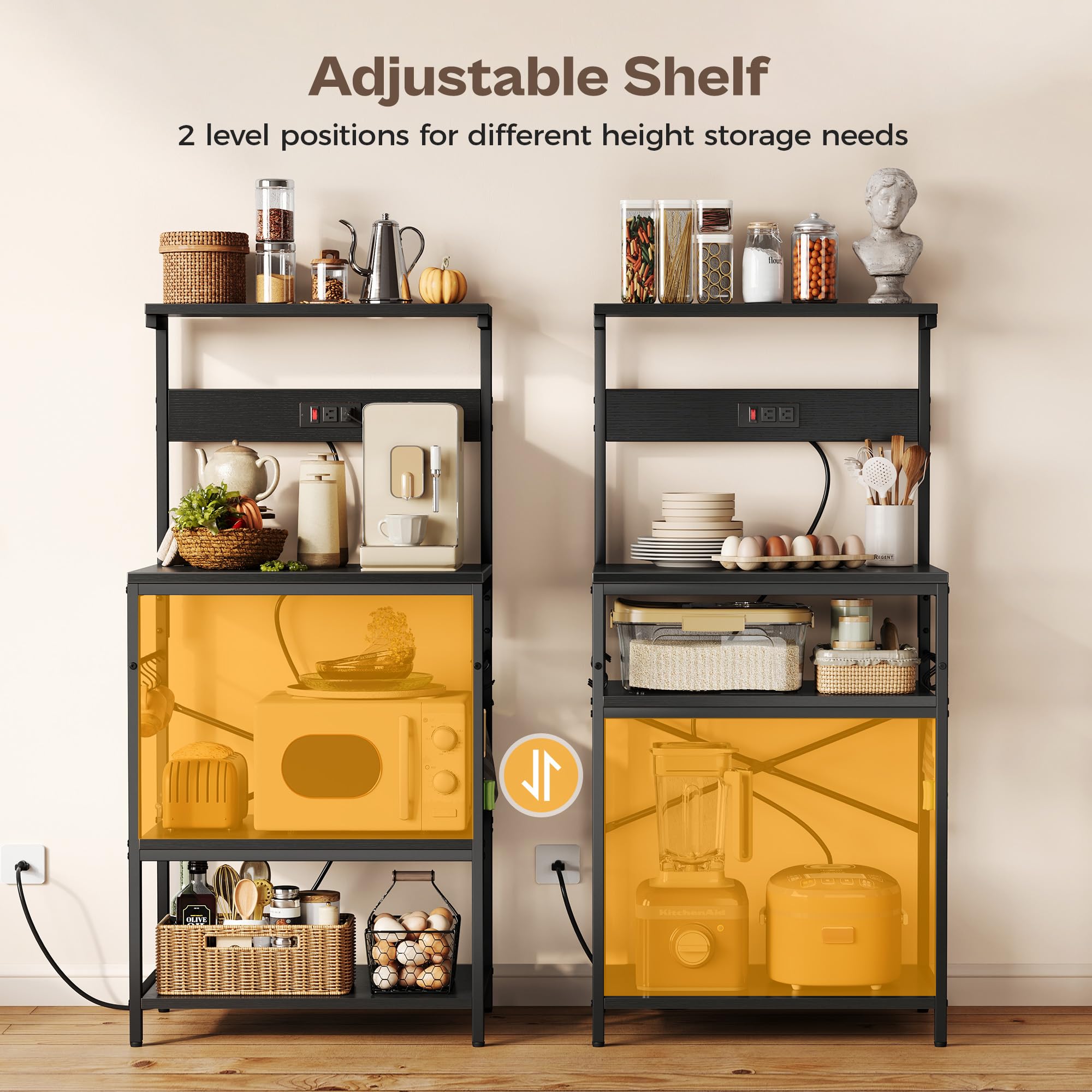 SUPERJARE bakers rack open shelves organize microwave, coffee maker, and spices.