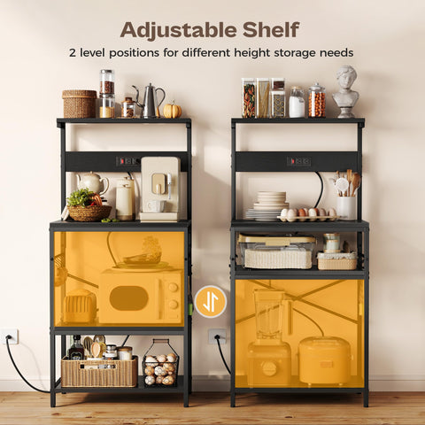 SUPERJARE bakers rack open shelves organize microwave, coffee maker, and spices.