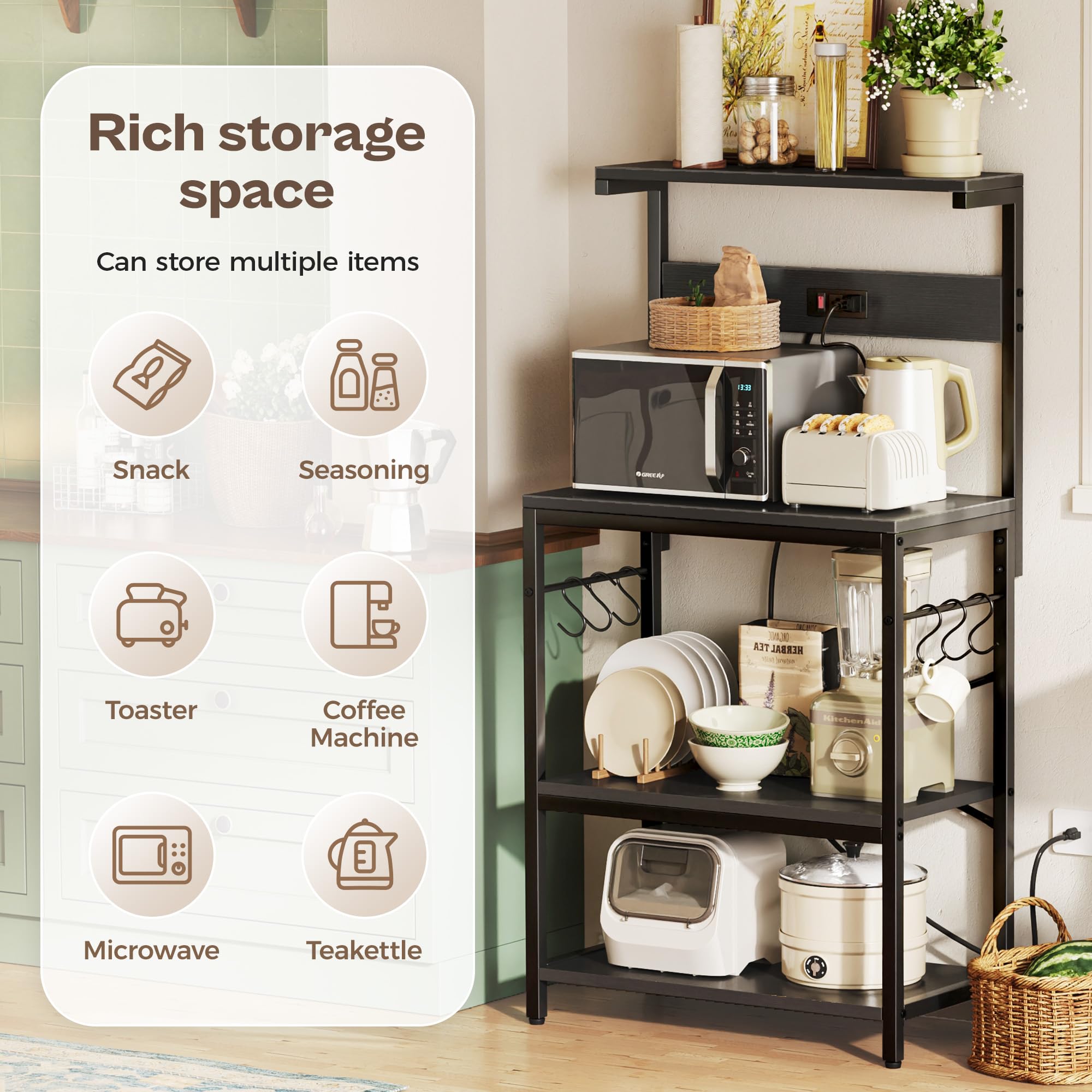 SUPERJARE bakers rack six S-shaped hooks keep mugs and utensils tidy.