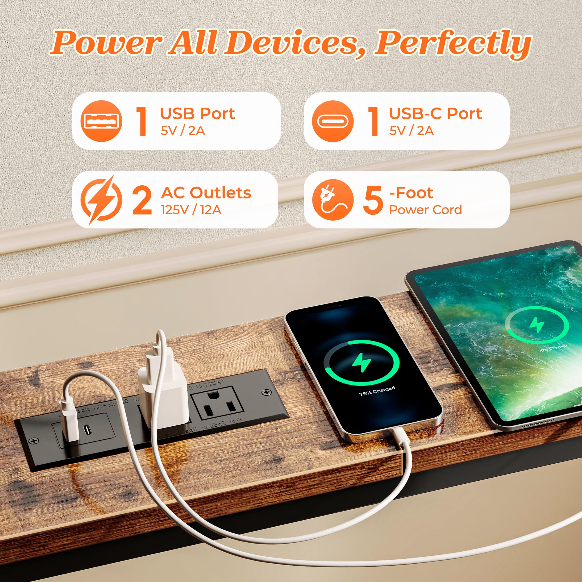 SUPERJARE powered table with two outlets and USB-C for convenient charging.