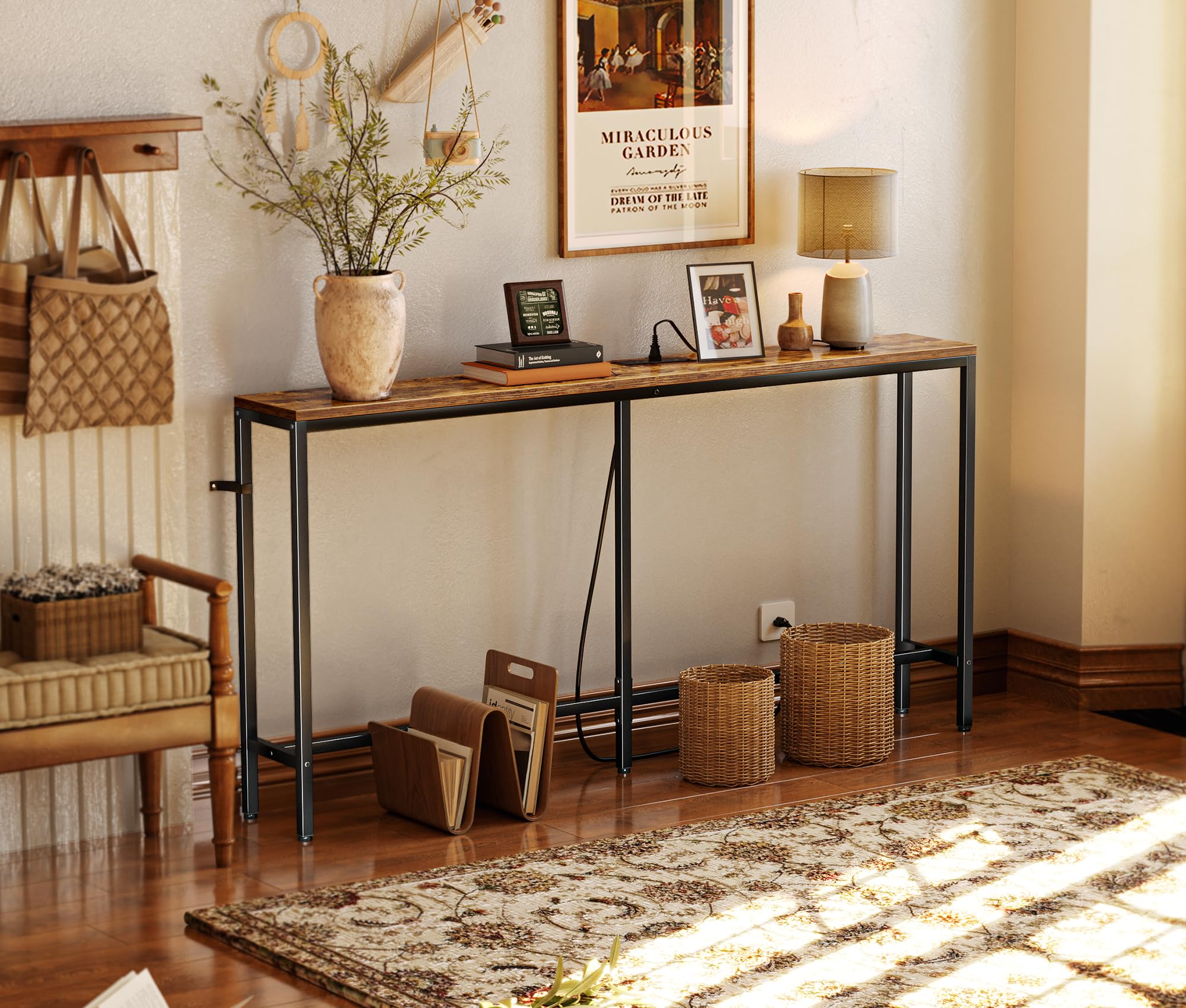 SUPERJARE console table front view showcases rustic brown surface and slim profile
