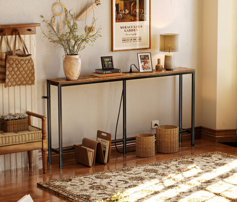 SUPERJARE console table front view showcases rustic brown surface and slim profile