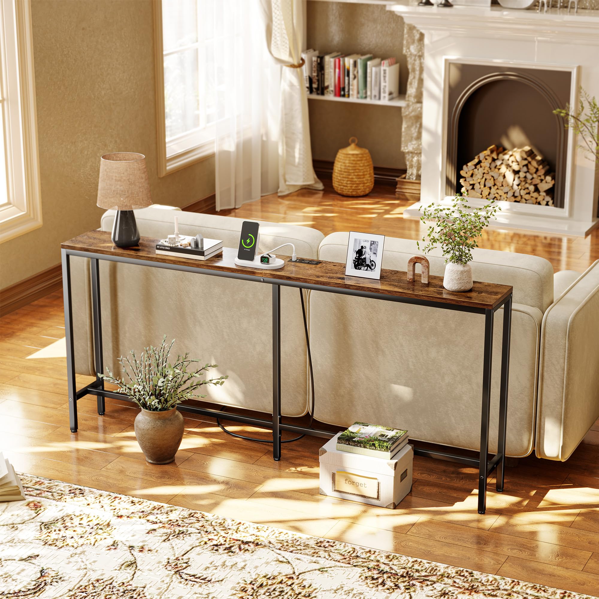 Entryway table organizing keys hats and sundries in an orderly space