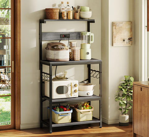 SUPERJARE 4-tier rack holds microwave and coffee maker with spacious open shelves.