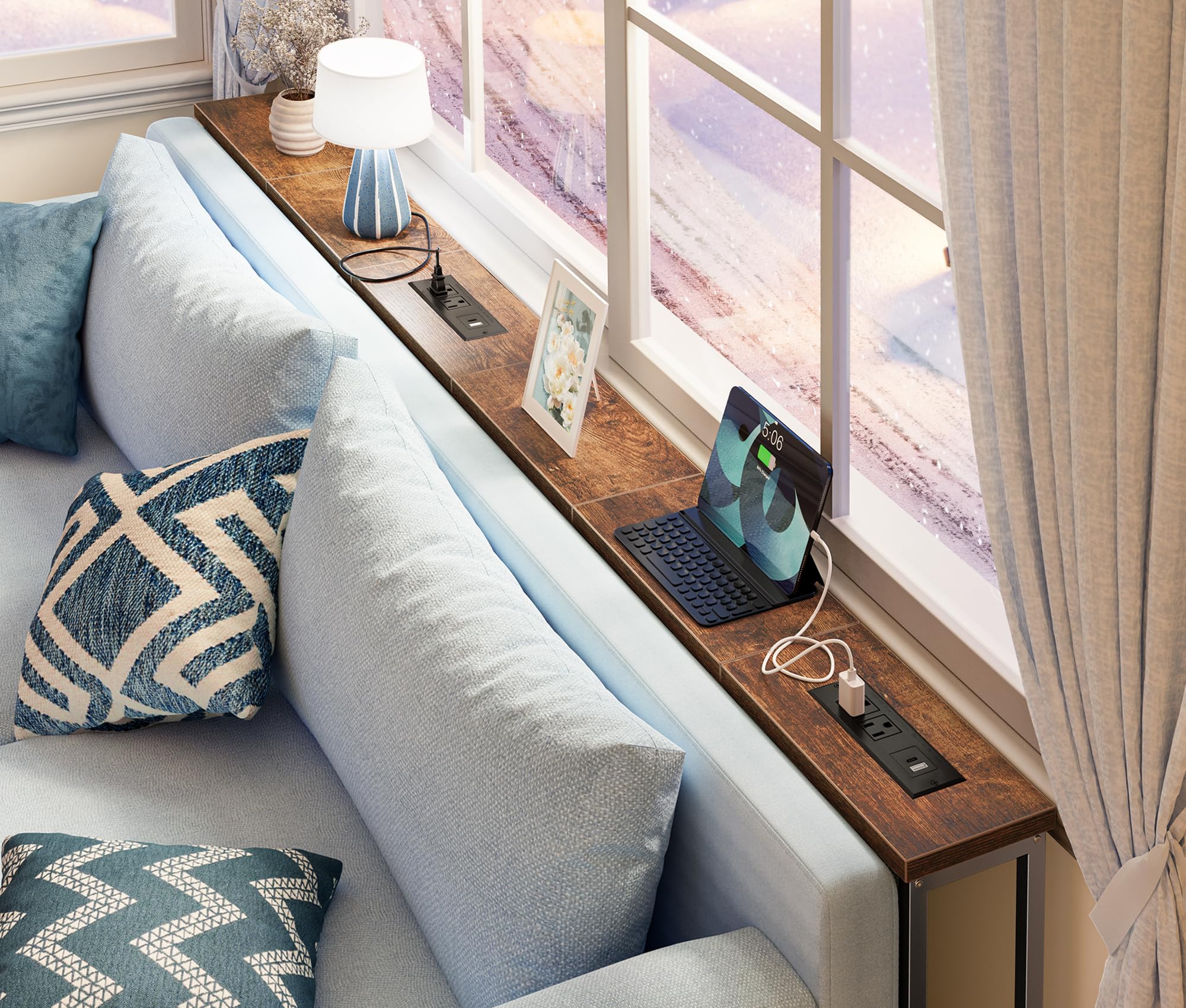 SUPERJARE narrow console table behind sofa fills gap.