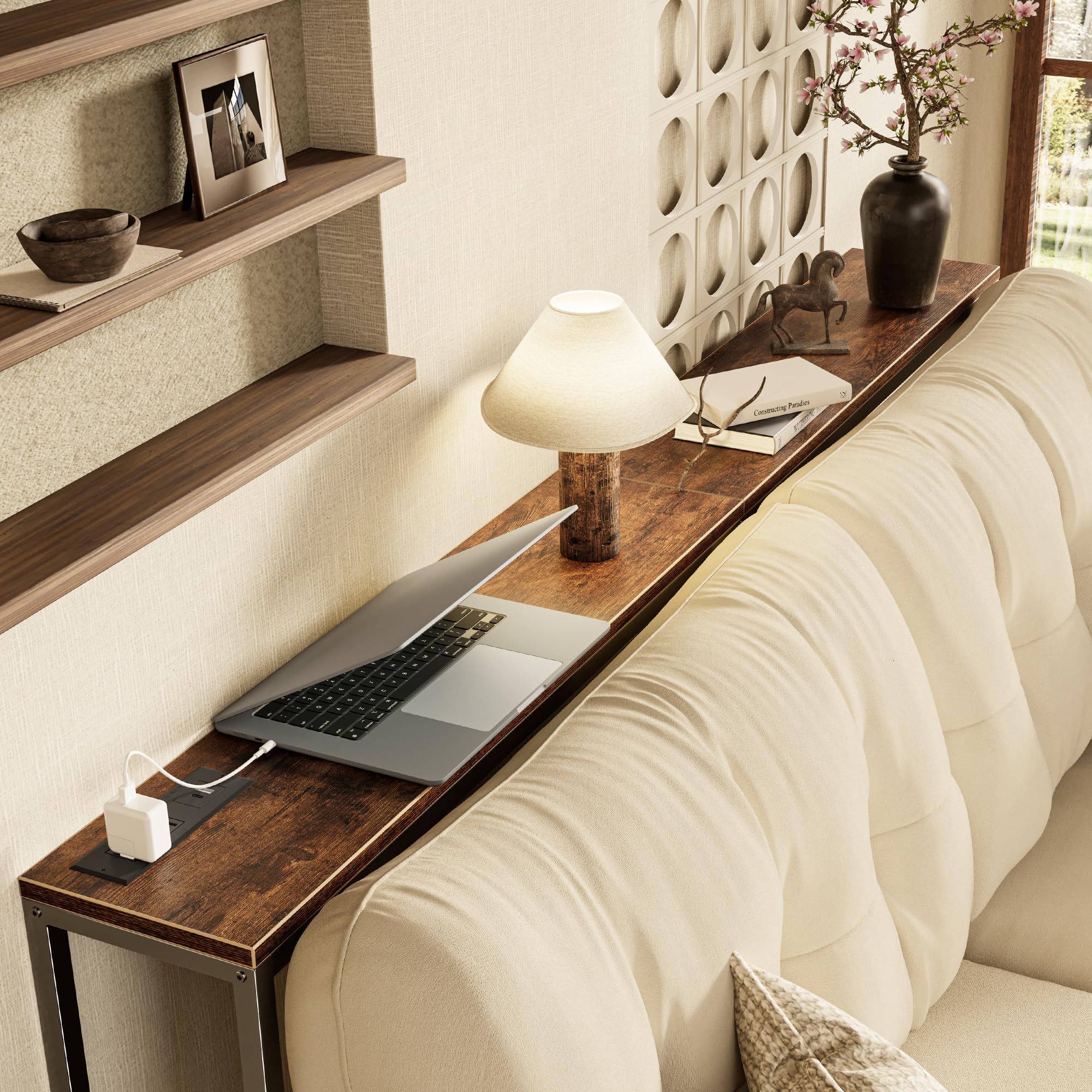 Narrow entryway table in rustic brown fitting a hallway perfectly