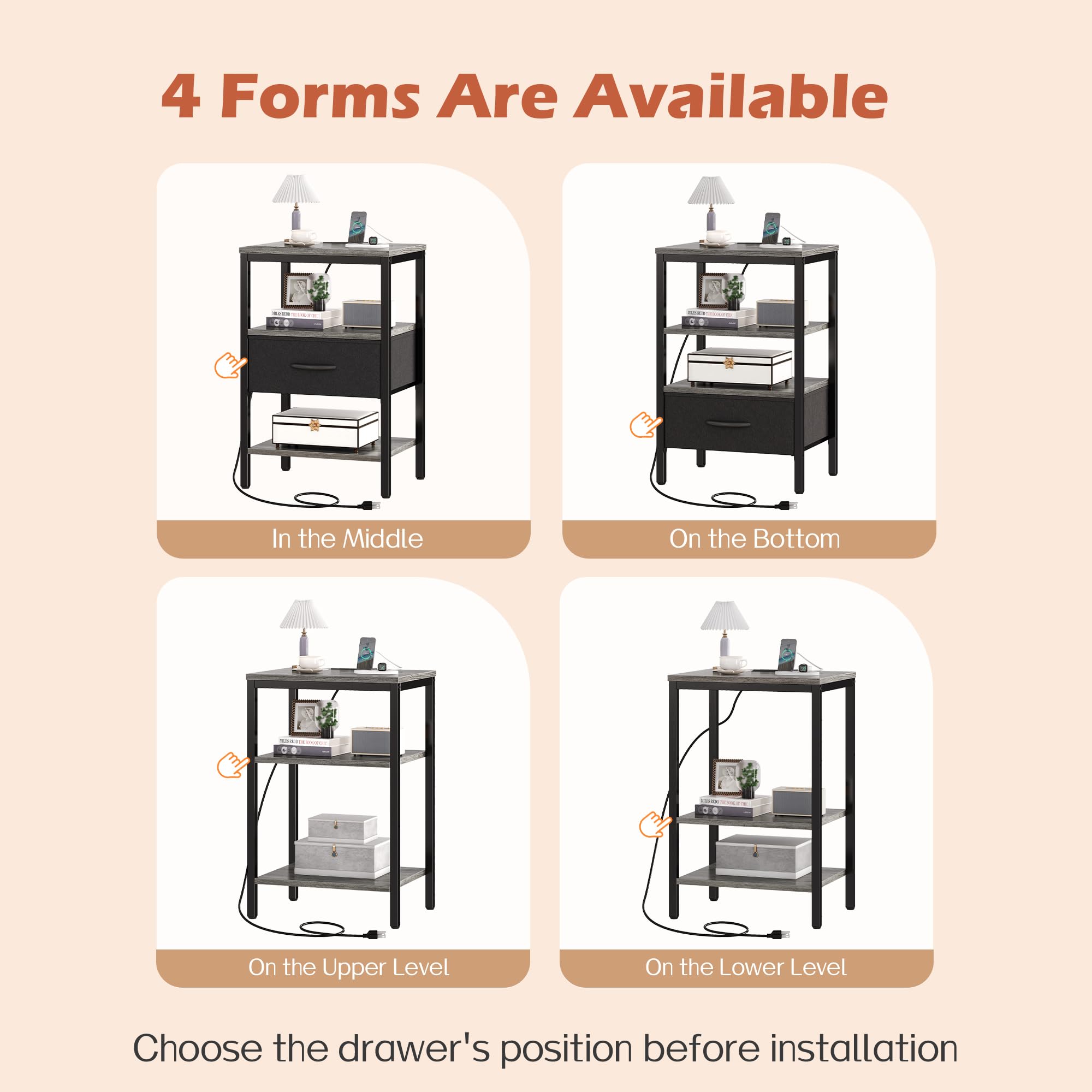 Three-tier shelves plus fabric drawer organize books and cups.