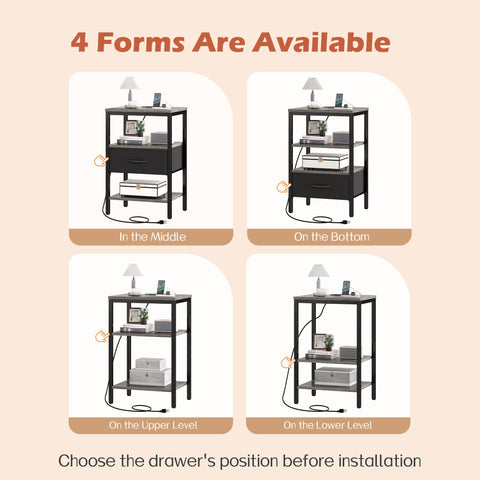 Three-tier shelves plus fabric drawer organize books and cups.
