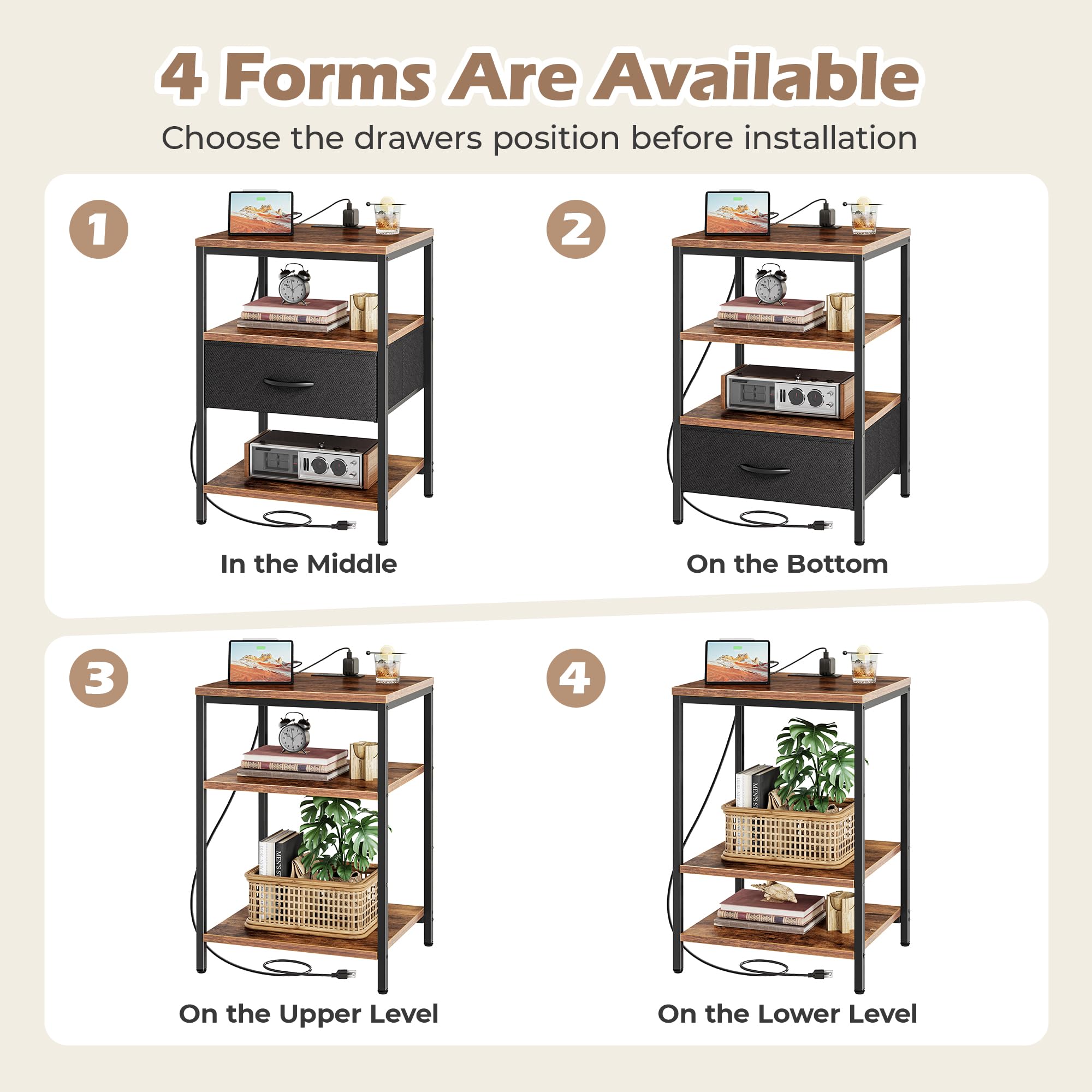 Fabric drawer positioned at the bottom to optimize space