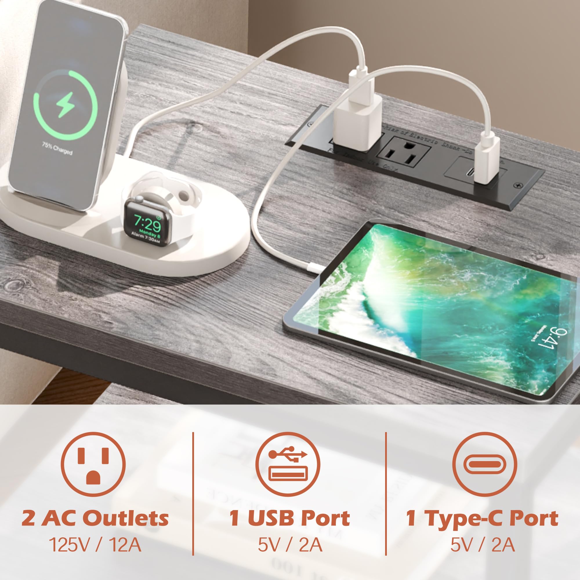 Adjustable feet stabilize the table on uneven floors.