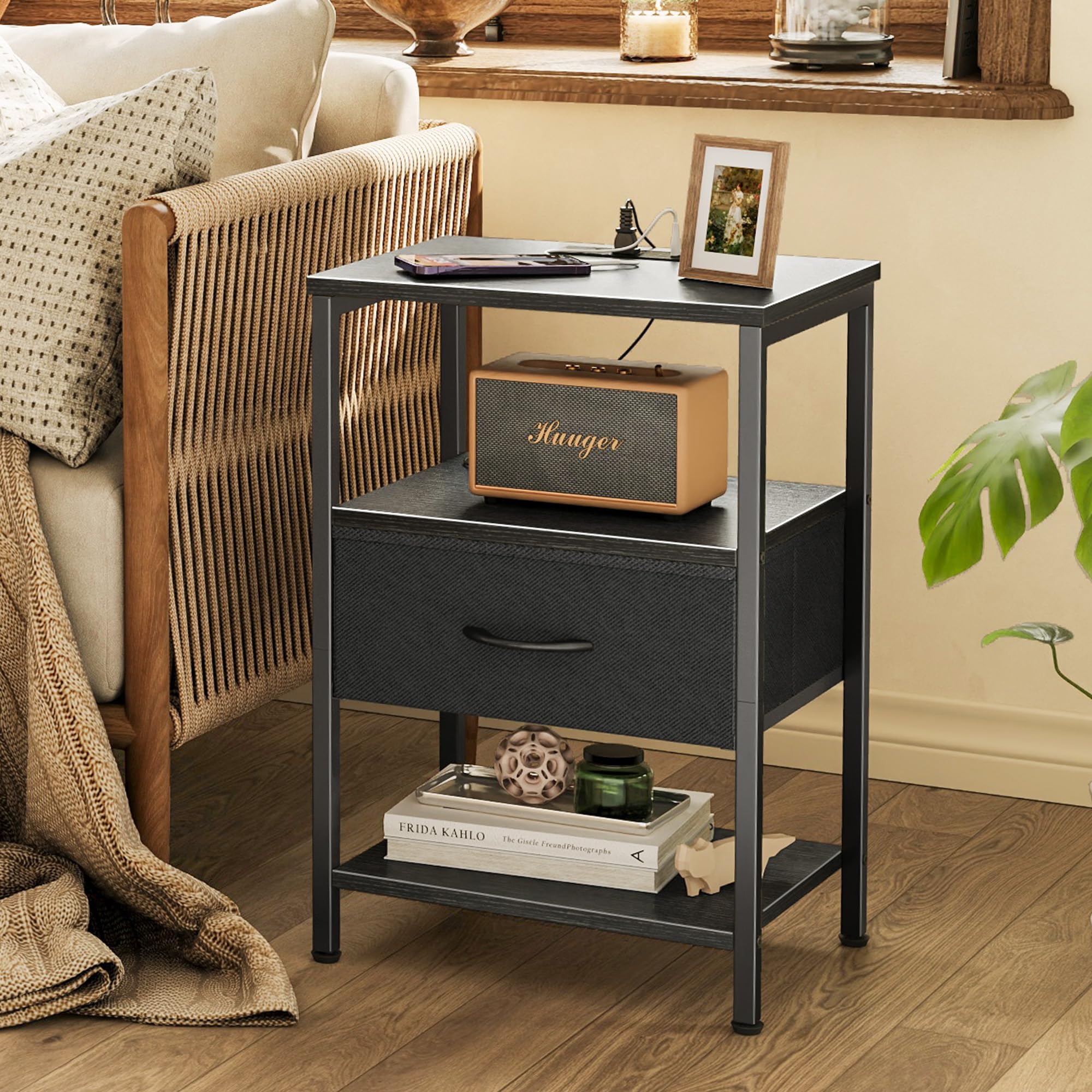 SuperJARE nightstand provides bedside storage and a tidy surface.