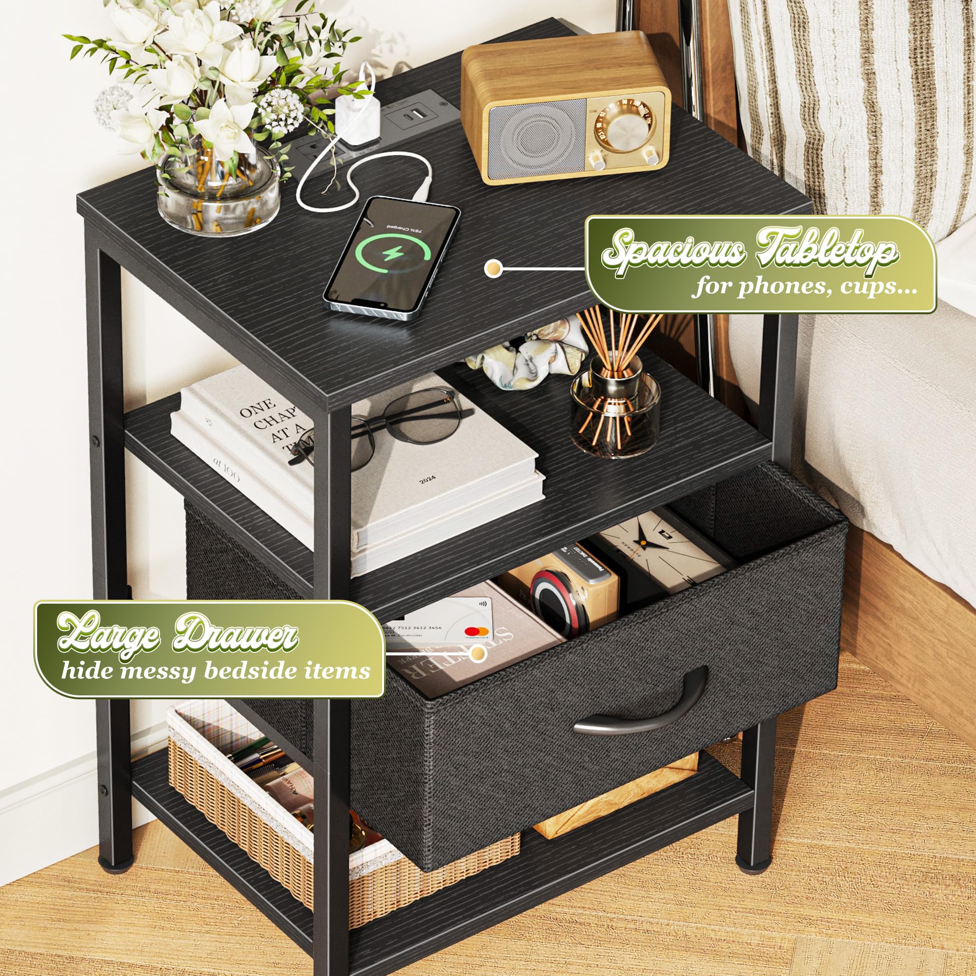 SuperJARE nightstand with black metal frame for sturdy support.