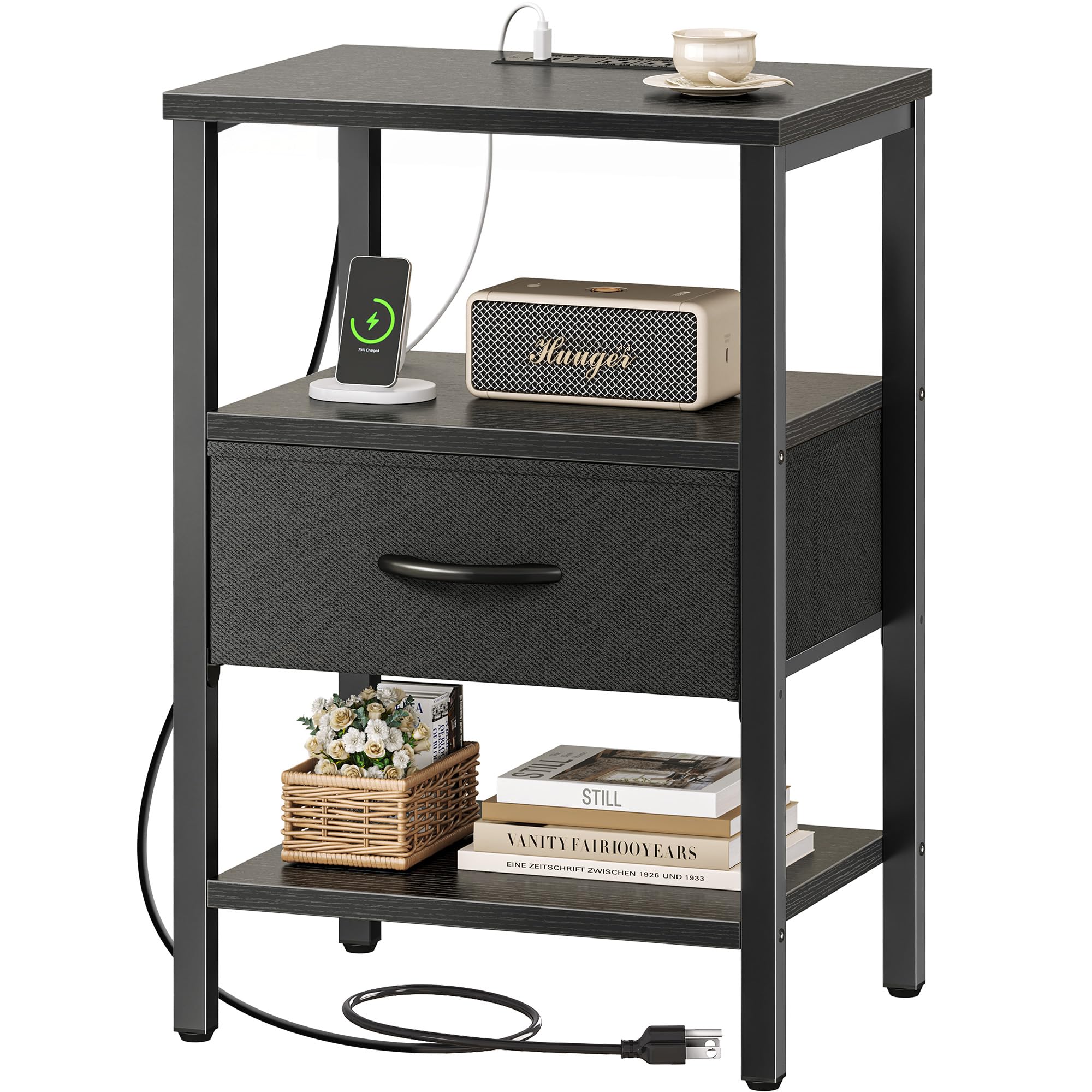 SuperJARE nightstand with charging station at bedside keeps devices charged.
