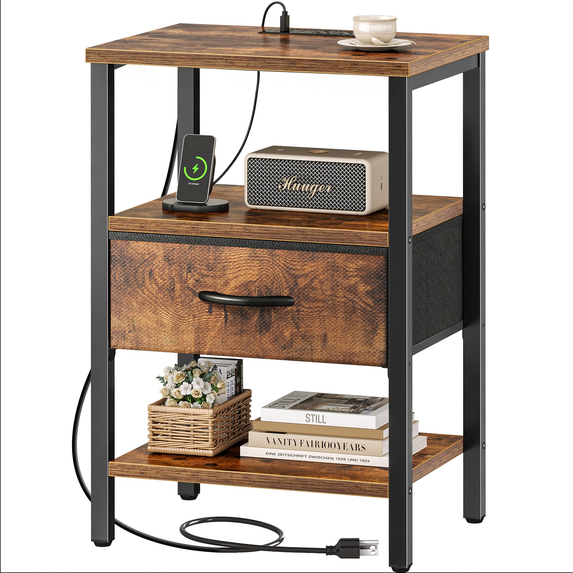 SUPERJARE nightstand with charging station offers USB and USB-C access for devices.