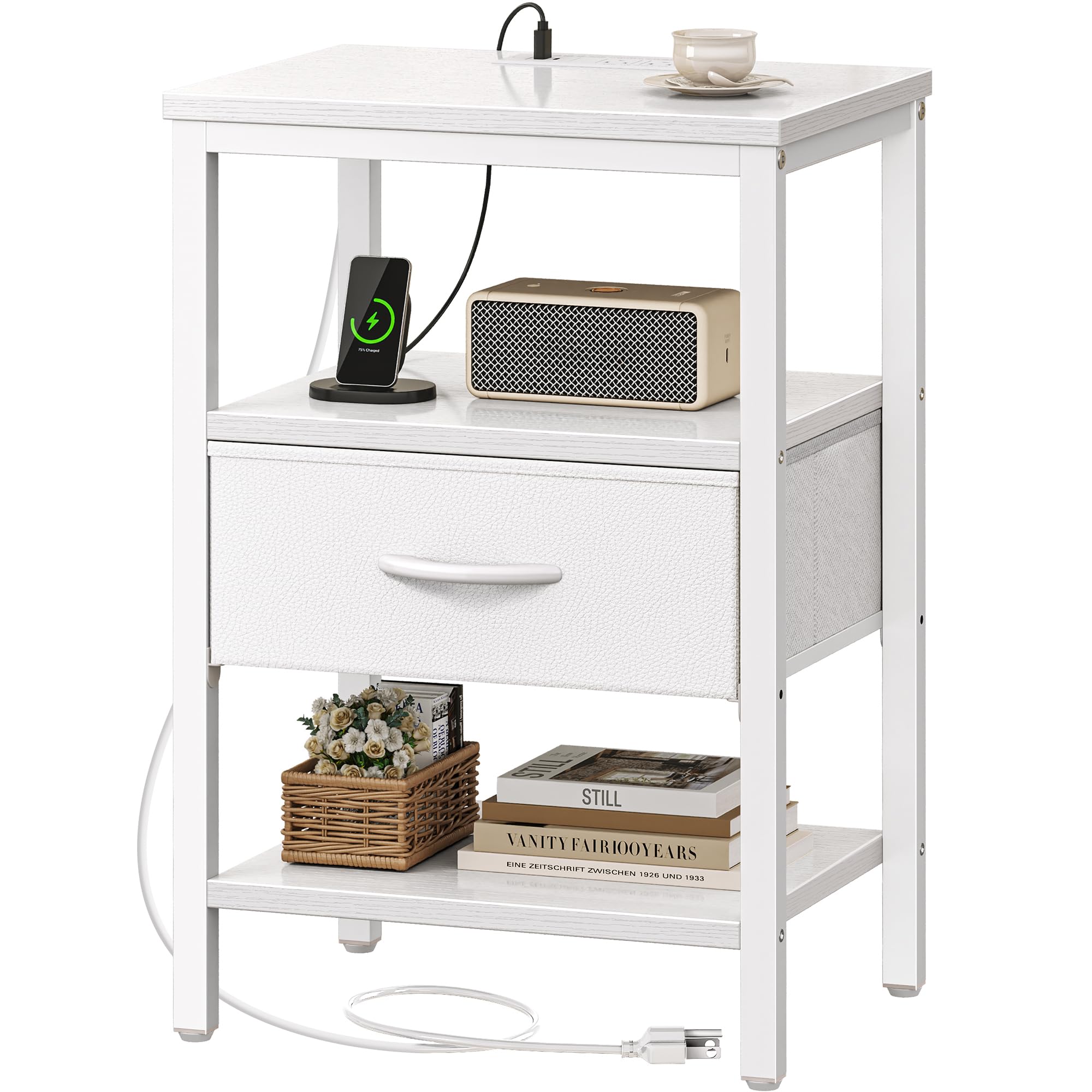 SUPERJARE nightstand with charging station showing USB port and outlets for bedside charging.