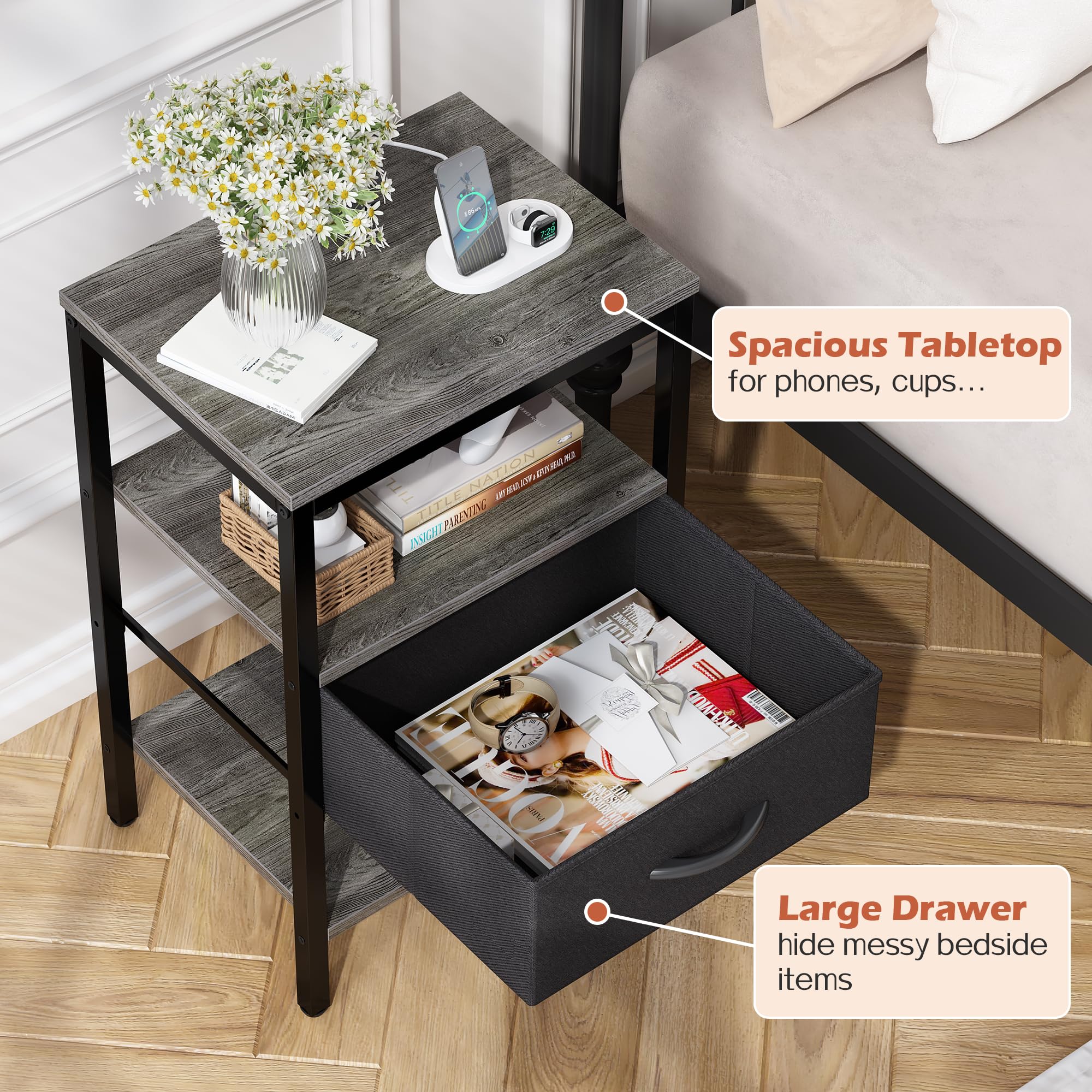 Sturdy materials provide lasting bedside storage and support.