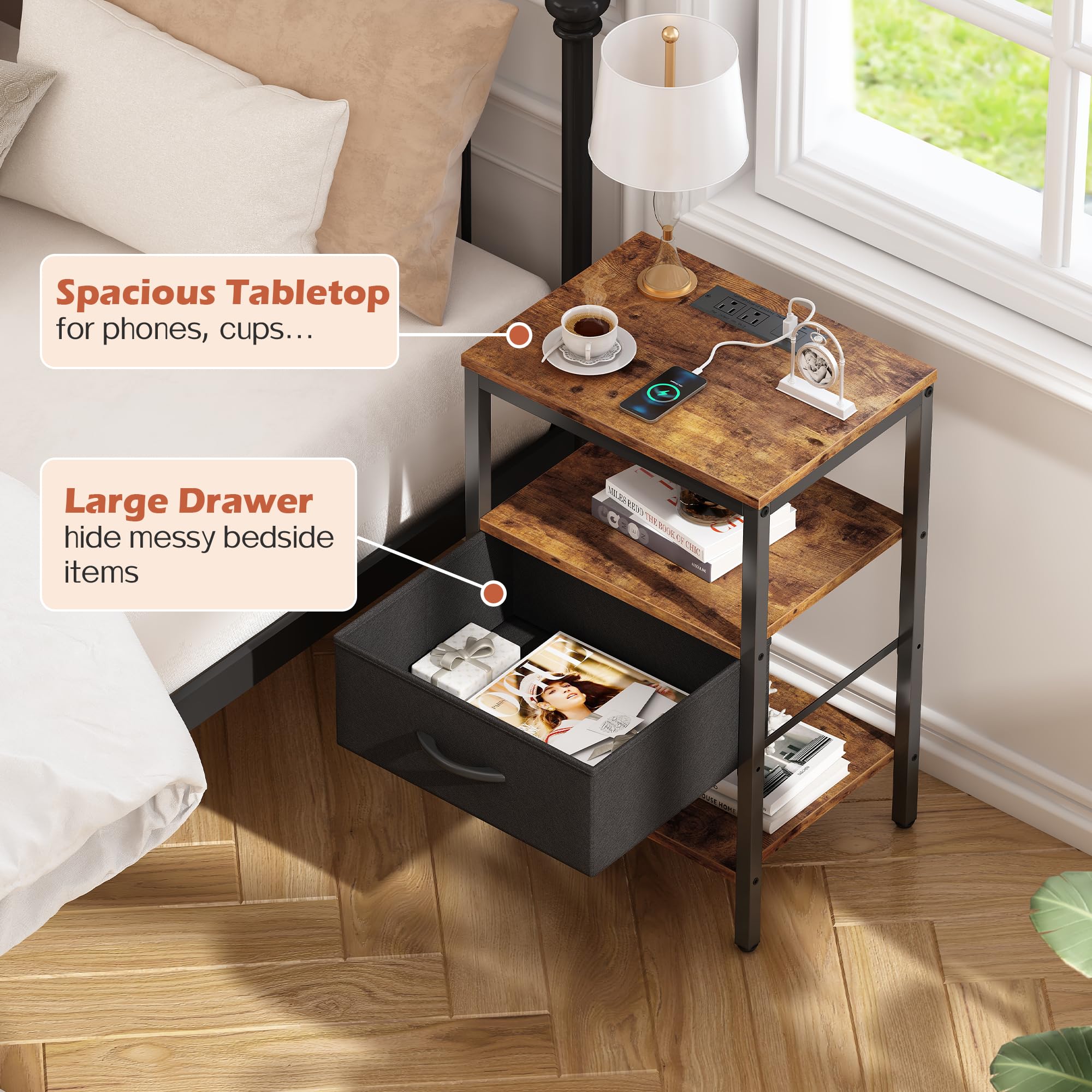 SUPERJARE nightstand-vintagestyle-wood-grain blends rustic charm with durable construction