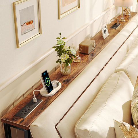 SUPERJARE slim console between sofa and wall allowing easy access to outlets.