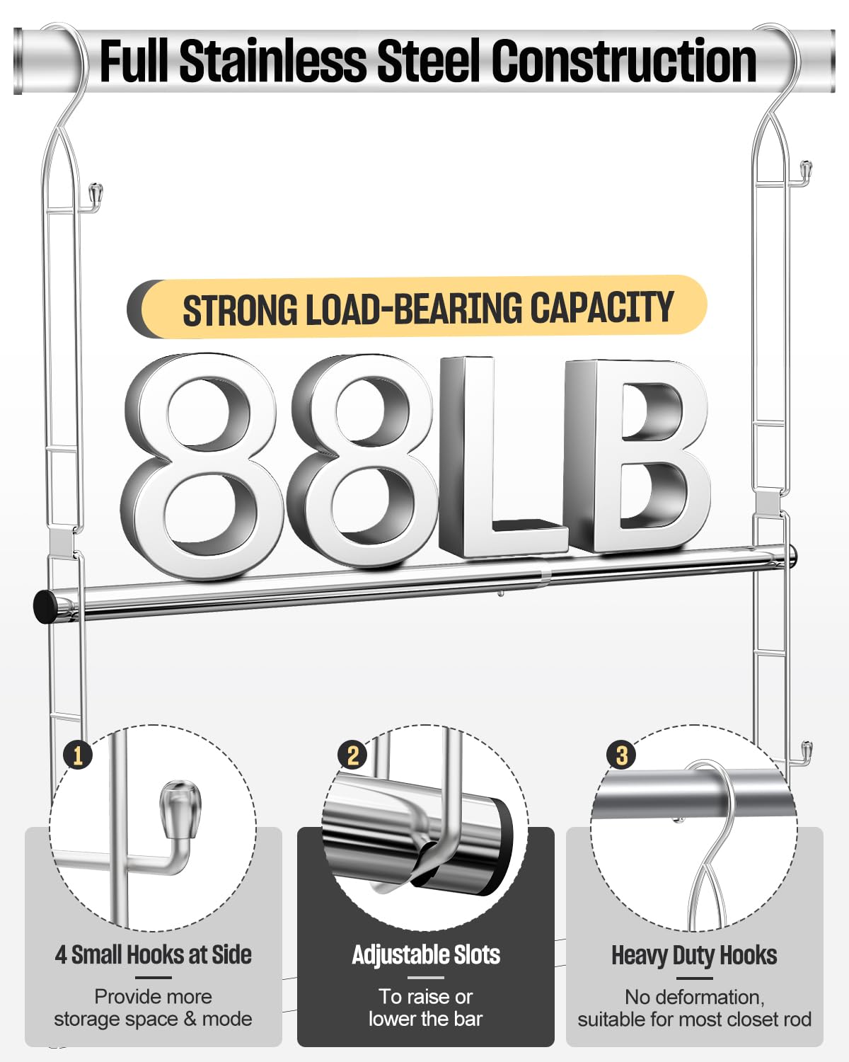 Supforce closet rod height adjustment from 13.98 to 34 inches maximizes reach.