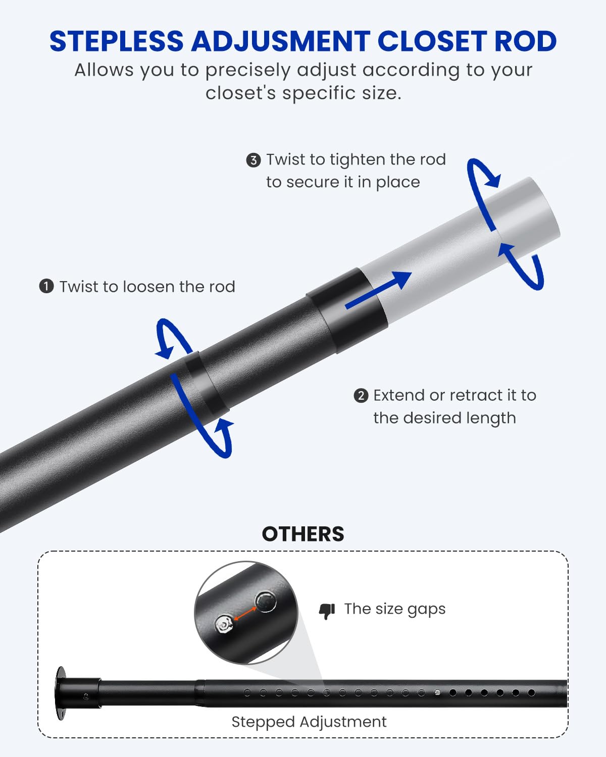 Supforce stepless adjustment closet rod highlights seamless sizing without gaps.
