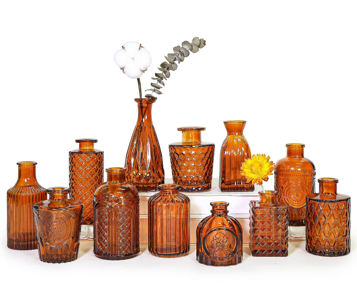 SUPMIND amber glass bud vase 12pc set closeup shows etched pattern and vintage charm.