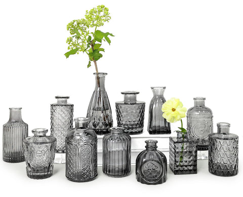 SUPMIND bud vase set 12 in black glass with etched patterns for elegant centerpieces